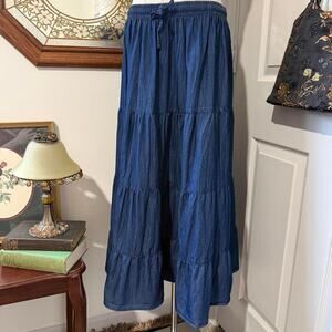 Alfred Dunner Dark Blue Washed Denim-Like Tiered Beaded Crinkle Maxi Skirt 8